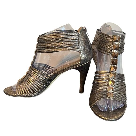 FRANCO‎ SARTO Bronze Leather Strappy Open Toe Zip Back Studded Detail Heels Sz 8 - Picture 1 of 8